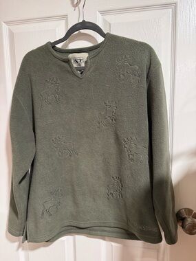 Olive Green women’s Fleece long  sleeve top with Moose Emboss. Yellowstone